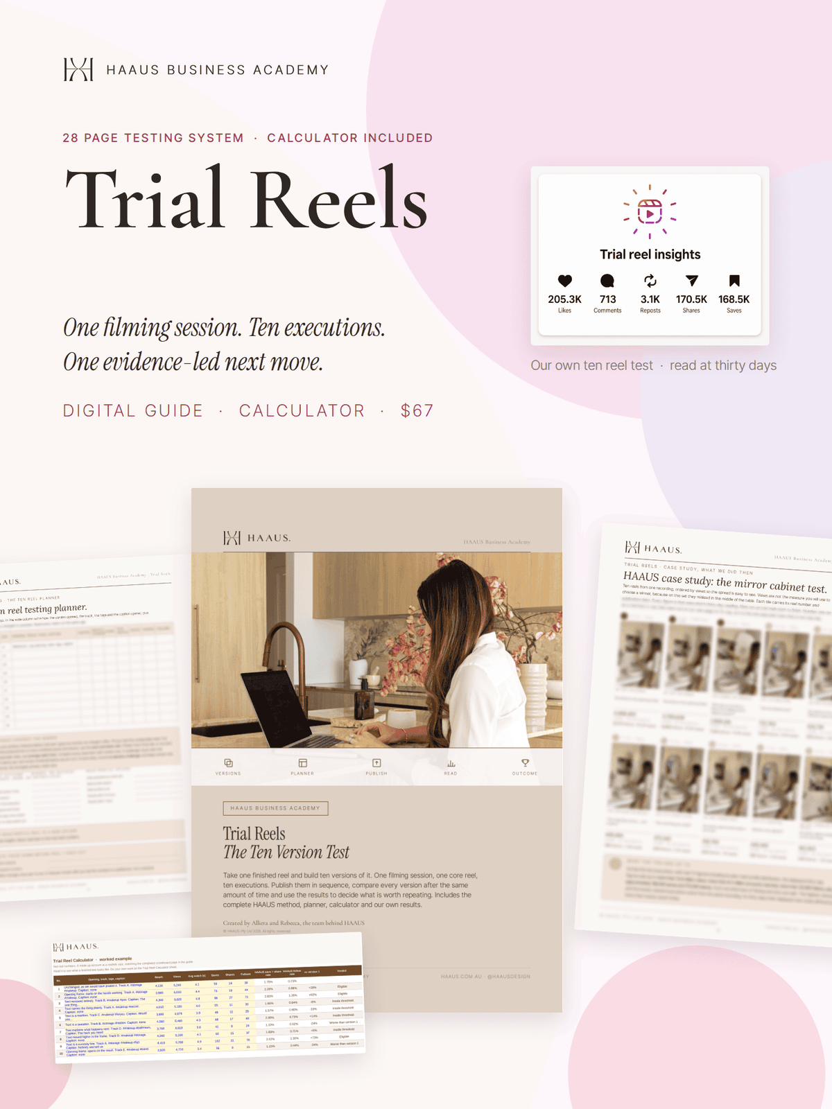 Trial Reels front tile: 28 page testing system with calculator. One filming session. Ten executions. One evidence-led next move.